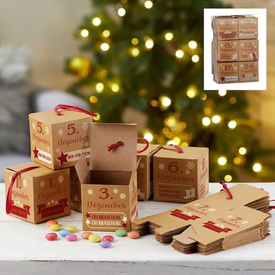 Dailygoods- Adventskalender om zelf te vullen - 24 Doosjes - 24 Stoflinten - Doe-het-zelf Kalender - Kerstmotieven - Ideaal voor Iedereen