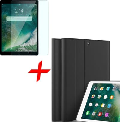 Hoes + Screenprotector geschikt voor iPad 2017 / 2018 9.7 inch - Book Case Mat Zwart + Screenprotector