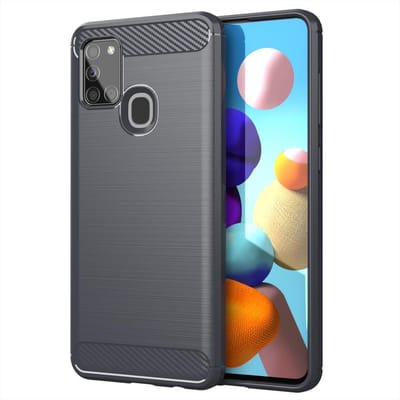 Cadorabo Hoesje geschikt voor Samsung Galaxy A21s in BRUSHED GRIJS - Beschermhoes van flexibel TPU siliconen in roestvrij staal-carbonvezel look Case Cover