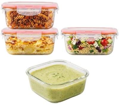 Lock&Lock Glazen Vershoudbakjes - Meal prep bakjes glas - Ovenschaaltjes met deksel - 840 ml - Luchtdicht - BPA vrij - PFAS vrij - Borosilicaatglas - Airfryer bakjes - Bewaarbakjes - Vershoudbakjes glas - Vierkant - Set van 4 stuks