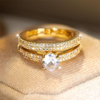 Witte Zirconia Verlovingsring Sets Luxe Kristal Ronde Steen Dubbele Ringen Voor Vrouwen Vintage Gouden Kleur Trouwring Boho Sieraden 12 brown