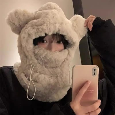 Koreaanse Versie van Warme Oorbeschermingsmuts In Herfst en Winter Rijden Koudegolf Schattig Dik Pluche Berenmuts Sjaal Geïntegreerd Dames Adjustable gray