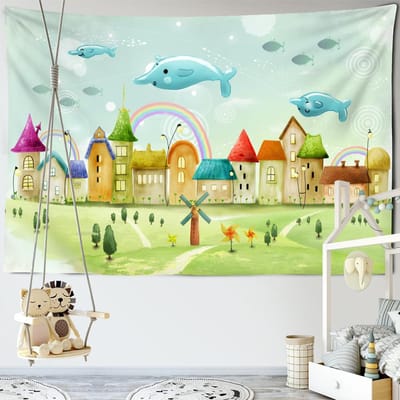 Romantische Cartoon Kleine Dolfijn Wandkleed Hippie Tapiz Kawaii Kunst Meisjes Slaapzaal Kinderkamer Woondecoratie 95x70cm beige