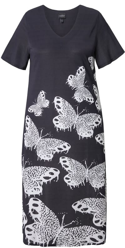 Ulla Popken - Dames - Slinky midi-jurk vlinders V-hals korte mouwen - Zwart - Maat 42+