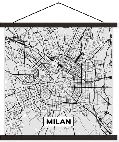 Posterhanger incl. Poster 60x60 cm - Schoolplaat - Milaan - Stadskaart - Zwart Wit - Plattegrond - Kaart - Textielposter - Zwarte latten - Stadskaart