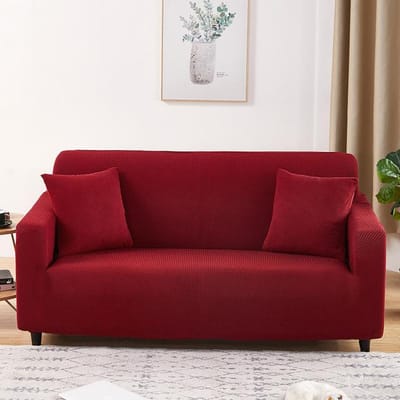 Housse de canapé élastique épaisse pour salon housse de fauteuil en polaire extensible 1/2/3/4 places housses de canapé d'angle en forme de L 4-Seat 235-300cm rouge vin