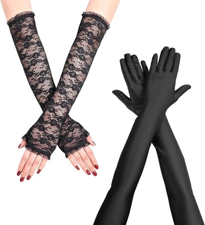 2 Paar Zwarte Lange Vingerloze Kanten Handschoenen, Elbow Length Satin Handschoenen voor Bruiloft, Bal en Opera Party (53cm)