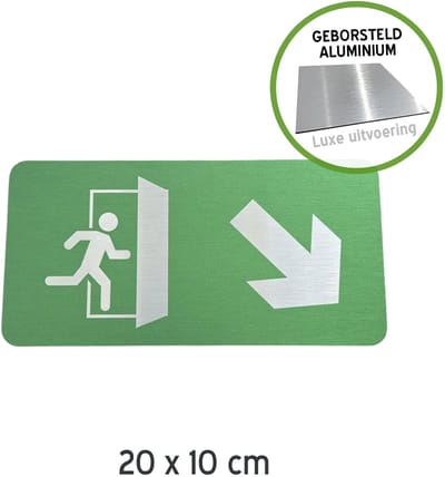 Pictogram/ bordje Dibond (geborsteld) | 20 x 10 cm | Nooduitgang - Pijl naar rechtsonder | Vluchtroute | Noodgeval | Brandweg | Nood situatie | Nooddeur | Pompiers | Wettelijk verplicht | Universeel | Blinkend | 1 stuk