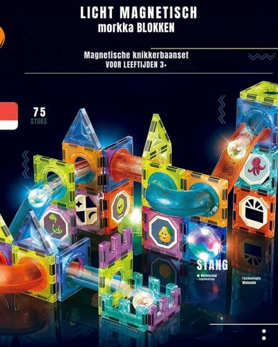 MMP® Magnetische Knikkerbaan - Magnetic Tiles - Magnetisch Speelgoed - 75 Stuks - Veelkleurig- 15cmx15cmx8cm; 1.05 kg