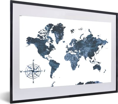 Poster in lijst - Fotolijst 60x40 cm - Posters - Wereldkaart - Luxe - Blauw - Posterlijst zwart - Decoratie - Wanddecoratie woonkamer - Muurdecoratie slaapkamer