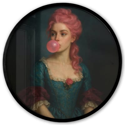 Poster in lijst Rond - Fotolijst 40x40 cm - Posters - Vrouw - Portret - Kauwgombel - Ronde posterlijst zwart - Decoratie - Wanddecoratie woonkamer - Muurdecoratie slaapkamer