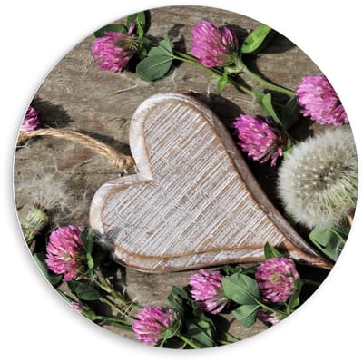 Forex Wandcirkel - Houten Hartje met Bloemen - 80x80cm Foto op Wandcirkel (met ophangsysteem)