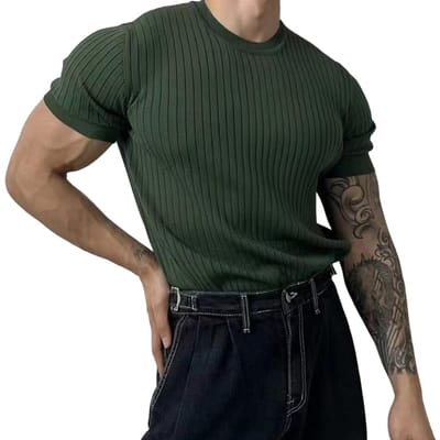 T-shirt de sport d'été pour hommes en fil tricoté élastique col rond coupe ajustée couleur unie manches courtes pull entraînement gymnase haut d'entraînement XL vert
