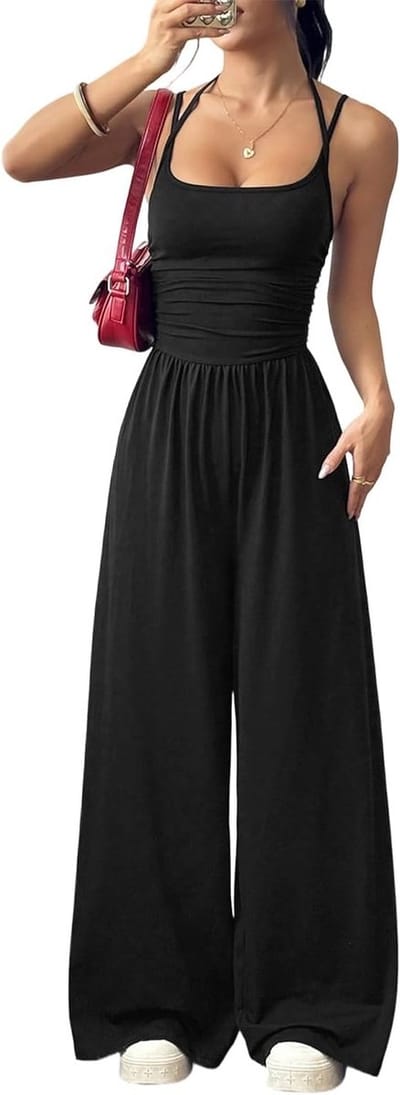 Elegante dames jumpsuit met blote rug en brede broek, perfect voor zomerfeesten en stranduitjes