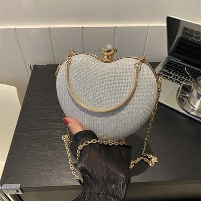 Avond Clutch Tas Dames Tas Glanzende Handtas Hartvormige Clutches Tas Mode Ketting Schouder Crossbody Tas Luxe Dames Portemonnee gray
