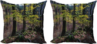 ABAKUHAUS Decoratieve kussenhoes met bosmotief, 2 stuks, herfstbomen en wildernis, 40x40 cm, groen lichtroze