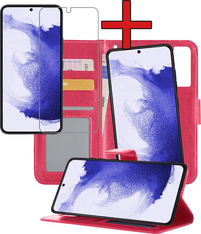 Hoesje - 2 in 1 - Geschikt voor Samsung Galaxy S22 - Met Screenprotector - En Uitneembare Hard Cover - Kunstleer - Bookcase - Wallet Case - Met Pasjeshouder - Book Case - Uitneembaar - Pashouder - Telefoonhoes - Donkerroze