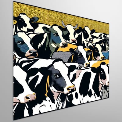 Pop art koeien schilderij | Vrolijk geverfde koeien in levendige pop art schilderij | Kunst - 20x20 centimeter op Dibond | Foto op Dibond