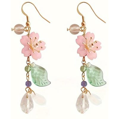 Bloemige Roze Kersenhout Oorbellen Met Imitatie Parel Accenten, Zomer Klassiek Feestelijke Oor Sieraden Voor Vakanties Aan Zee beige