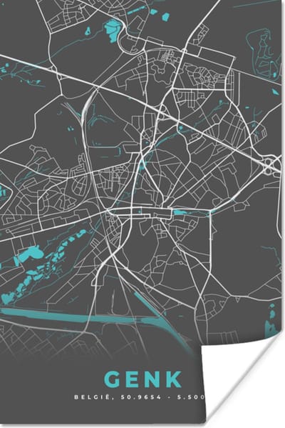 Poster Kaart – Plattegrond – Stadskaart – Genk – België - Grijs - 120x180 cm XXL