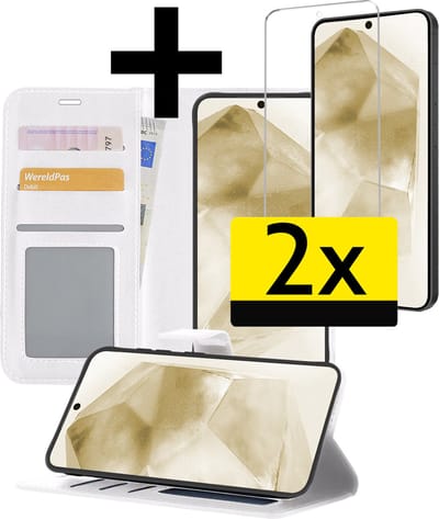Hoesje - Met 2x Screenprotector - Geschikt voor Samsung Galaxy A55 - Luxe Pasjeshouder - Bookcase Portemonee - Flip Case - Kunstleer Book Case - Flipcase Hoes - Book Cover - Walletcase - Portemonneehoes - Telefoonhoesjes - Wit
