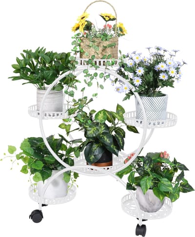 unho Metalen Plantenrek 6 Potten - Bloempothouder met Wielen - 4-Traps Plantenrek voor Patio Balkon Tuin Home Decor, Wit