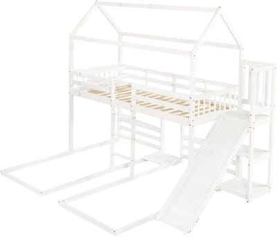 REDOM Kinderetagebed 3x90x200 cm – Wit – Met huisdak & glijbaan – Kiefer & MDF – Kindvriendelijk