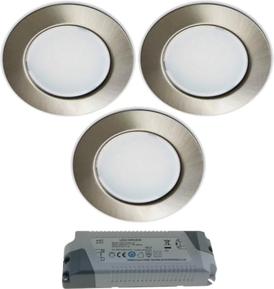 Trango Set van 3 LED Meubel Inbouwspots G4E-032T incl. 1 x 12Volt AC/DC LED transformator (12 Volt AC) Kast inbouwspot in RVS look, plafondlamp ter vervanging G4 Halogeen Meubelverlichting, Afzuigkap Verlichting