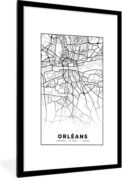 Fotolijst incl. Poster Zwart Wit- Frankrijk - Kaart - Orléans - Plattegrond - Stadskaart - Zwart wit - 60x90 cm - Posterlijst