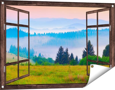 Gards Tuinposter Doorkijk Mistige Heuvel Landschap met Bossen - 90x60 cm - Tuindoek - Tuindecoratie - Wanddecoratie buiten - Tuinschilderij
