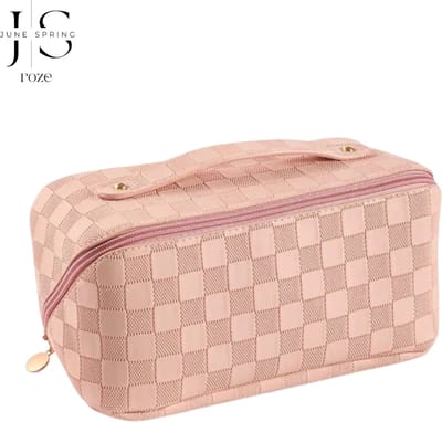 June Spring - Geruite Toilettas - Tas Voor Toilet Artikelen - Beauty Case - Cosmetica Tas - Handige MakeUp Tas - MakeUp Organizer - Skincare Organizer - Organizer - Kleur Roze