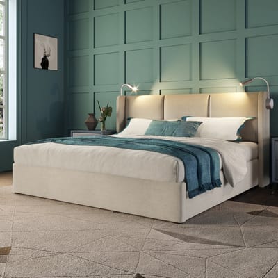 MODENUIT Gestoffeerd bed 160x200 cm – Hoofdbord met leeslamp en USB-oplaadfunctie – Opbergruimte – Zonder matras – Beige