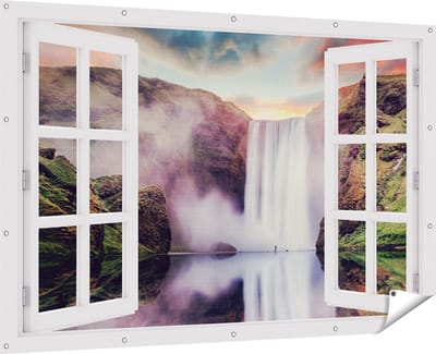 Gards Tuinposter Doorkijk Waterval met een Weerspiegeling in het Water - 180x120 cm - Tuindoek - Tuindecoratie - Wanddecoratie buiten - Tuinschilderij