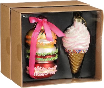 House of Seasons Kersthangers macaron en ijsje - 4x st - glas - 14 x12 x 5,5 cm - kerst