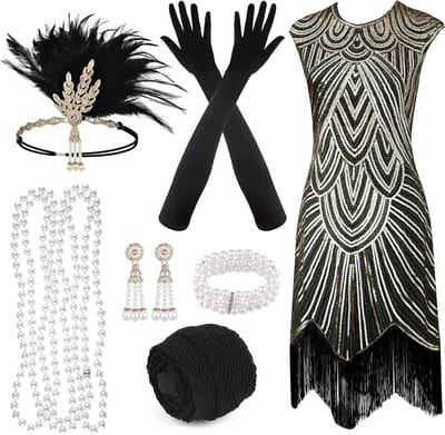 1920s Flapper Jurk met Pailletten en Franje, Inclusief Gatsby Accessoires Set voor Dames, Perfect voor Roaring 20s Feesten en Kostuums