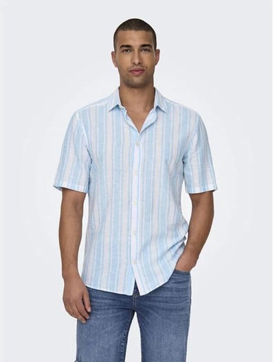 ONLY&SONS - ONSCAIDEN LIFE SS MIX STRIPE LINEN SHIRT - Heren - Overhemden