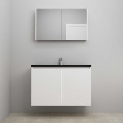 On-Line Badkamermeubelset - 100 cm - Bouwpakket - Greeploze Ladestructuur - Acryl Wastafel - 1 Kraangat - Spiegelkast - Hoogglans Wit