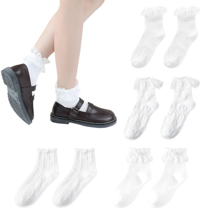 Dailygoods- Damessokken 4 Paar - Kanten Sokken met Ruches - Enkelsokken - Balletsokken - Ademend Katoen - Antislip