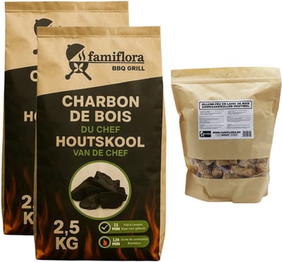 Famiflora houtskool 5KG (2x 2.5KG) voordeelverpakking - Barbecuehoutskool - Met gratis houtwol (900 gram)