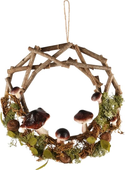 Dekoratief | Krans m/paddenstoelen, bruin/groen, hout, 35x35x8cm | A245277