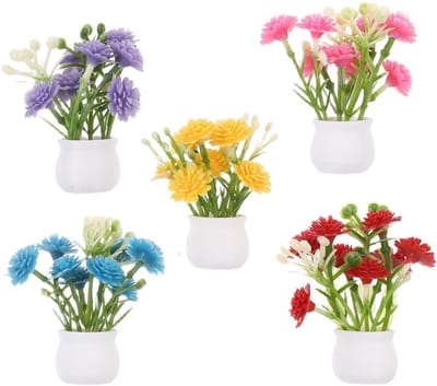 Set van 5 Kleine Vazen met Kunstbloemen voor Miniatuur Decoratie in Poppenhuis en Sprookjestuin