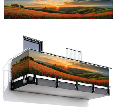 Balkonscherm 500x85 cm - Balkonposter Klaprozen - Bloemen - Heuvels - Zonsondergang - Balkon scherm decoratie - Balkonschermen - Balkondoek zonnescherm