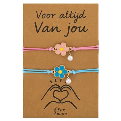 Koppel Armbandjes voor 2 "Voor altijd van Jou" - Bloemetjes - Vriendschapsarmbandjes met Valentijn Cadeau Kaartje - Roze & Blauw - Elastisch Verstelbaar - Pax Amare