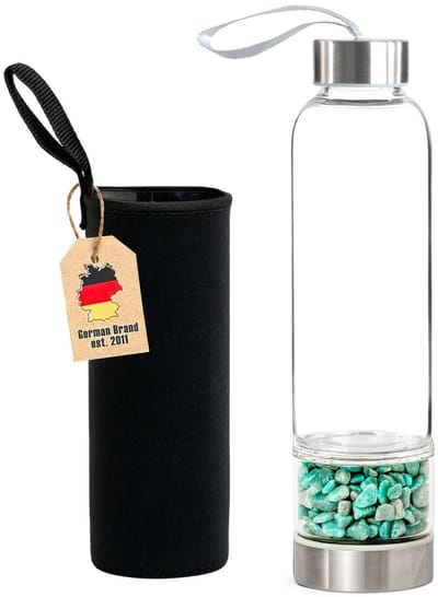 Intirilife Waterfles met geneeskrachtige stenen en Zwarte tas - Turkoois - Inhoud van 400 ml - Fles met edelstenen, mineralen