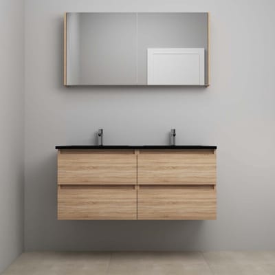 On-Line Badkamermeubelset - 120 cm - Voorgemonteerd - Ladestructuur - Acryl Wastafel - 2 Kraangaten - Spiegelkast - Eiken