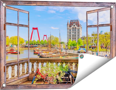 Gards Tuinposter Doorkijk Kleurrijke Oude Haven in Rotterdam - 60x40 cm - Tuindoek - Tuindecoratie - Wanddecoratie buiten - Tuinschilderij