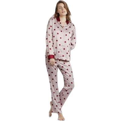 Elegante lange mouwen open satijnen pyjama met stippen voor vrouwen Admas Classic