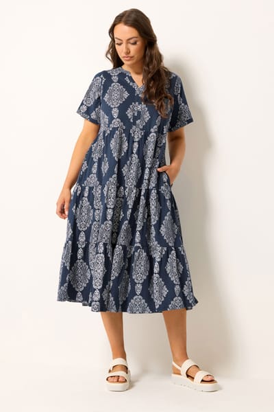 Yours Marineblauwe Gelaagde Maxijurk Met Paisleyprint Size 42