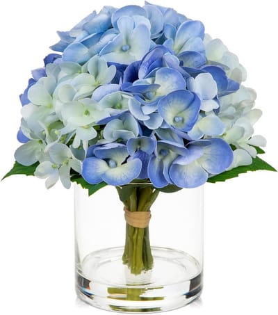 Kunstbloemen Hortensia's in Glazen Vaas met Helder Kunstwater voor Bruiloft en Thuisdecoratie, Prachtige Bloemenarrangementen en 3D-Print Design