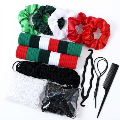 Rood groen wit haar accessoires set – 1109 stuks – haarelastiekjes, mini elastiekjes, scrunchies en haar tools – complete elastiekjes set voor dames – neutrale en kleurrijke haar styling set